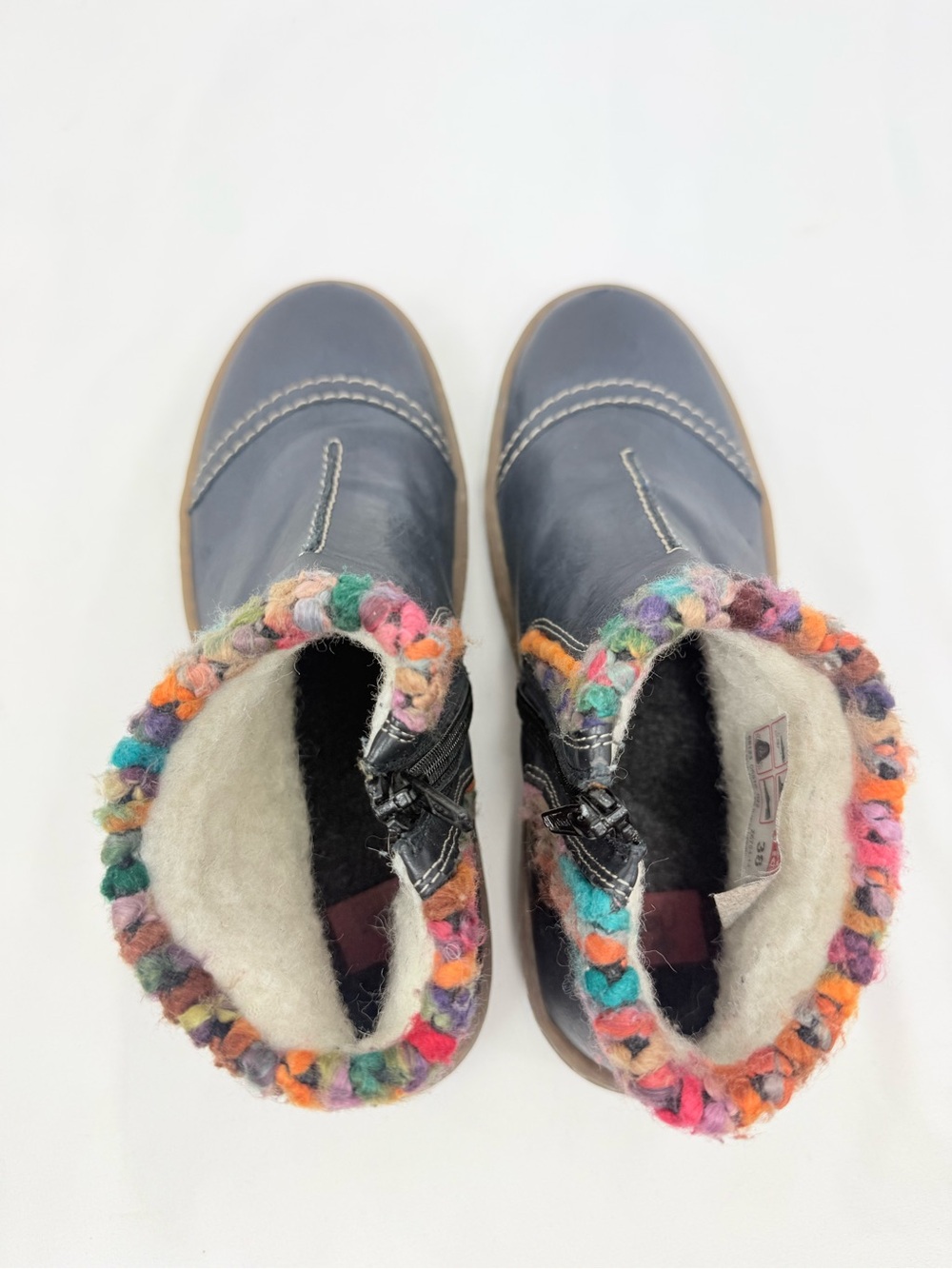Rieker FELICITAS Ocean Blue Leather Multicolor Yarn Wool Fleece Zip Ankle Boots - Picture 11 of 16